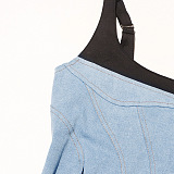 SUPER WHOLESALE | Denim Patchwork Off-Shoulder Min Dress