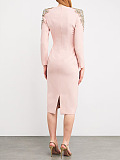 SUPER WHOLESALE |  Beaded Shoulder Long Sleeves Slim-fit Midi Dress