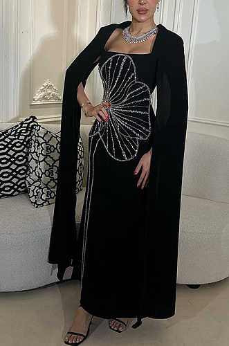 SUPER WHOLESALE |  Beaded Fake Sleeves Square Neck Long Dress