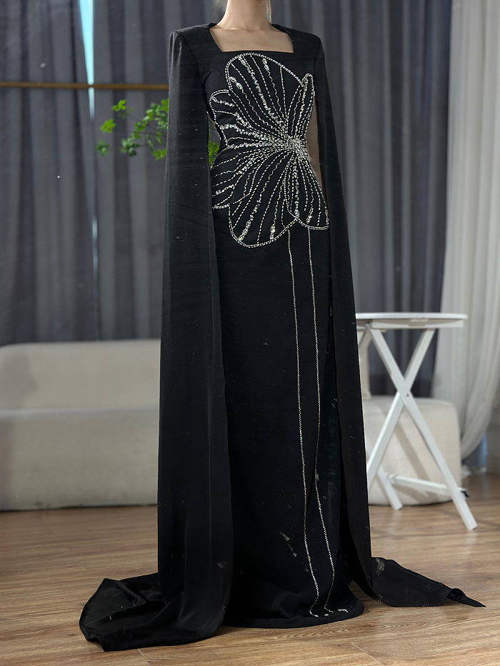 SUPER WHOLESALE |  Beaded Fake Sleeves Square Neck Long Dress