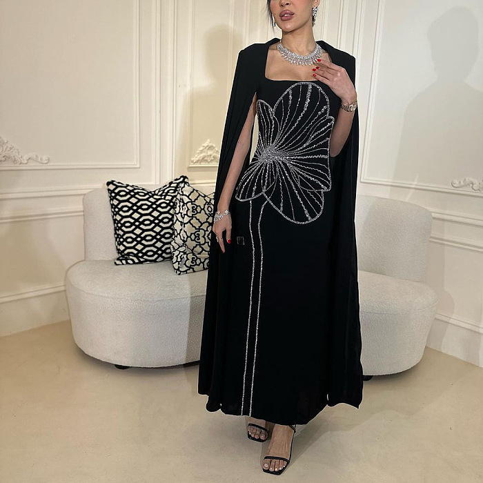 SUPER WHOLESALE |  Beaded Fake Sleeves Square Neck Long Dress