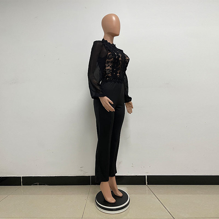 SUPER WHOLESALE | Patchwork Lace Jumpsuit in Black