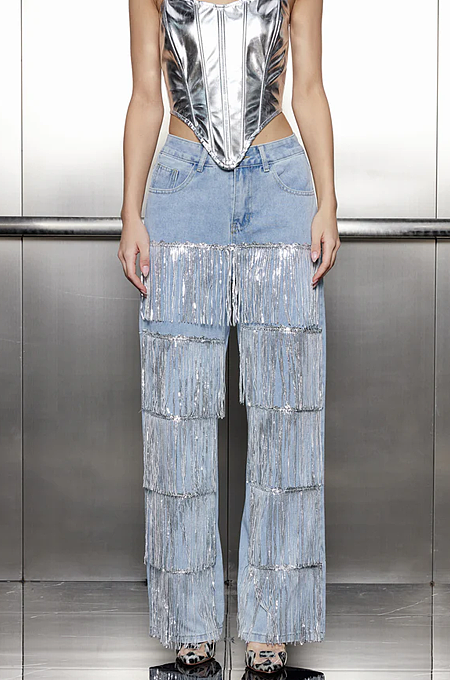 SUPER WHOLESALE | Sequin Chain Straight Jeans