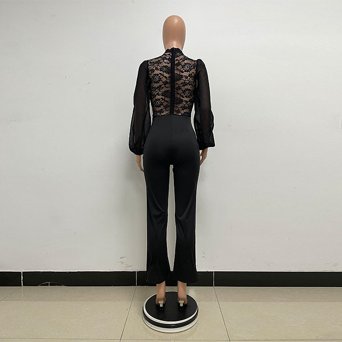 SUPER WHOLESALE | Patchwork Lace Jumpsuit in Black
