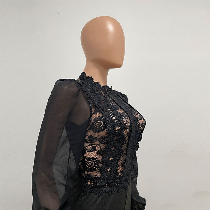 SUPER WHOLESALE | Patchwork Lace Jumpsuit in Black