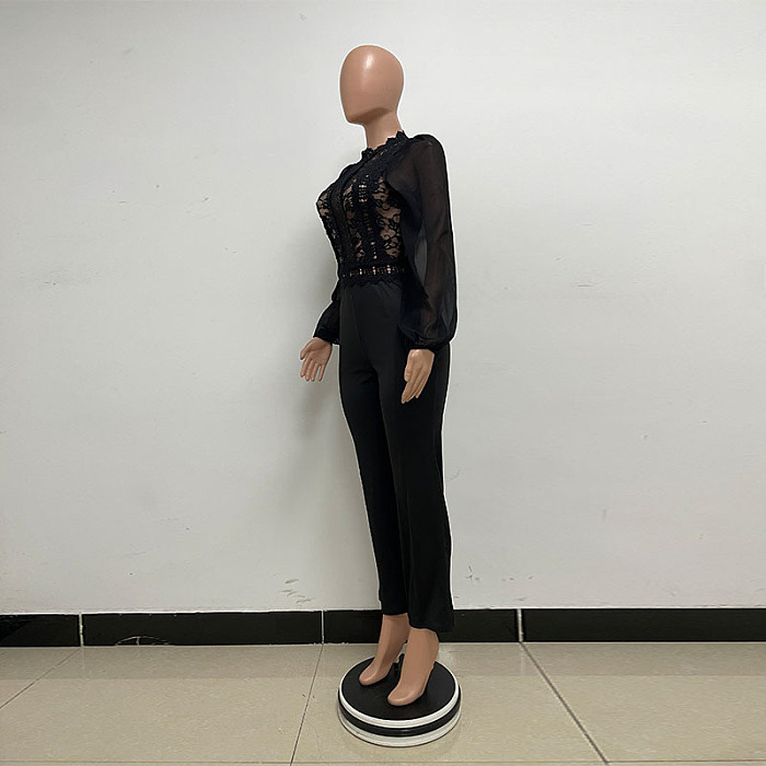 SUPER WHOLESALE | Patchwork Lace Jumpsuit in Black