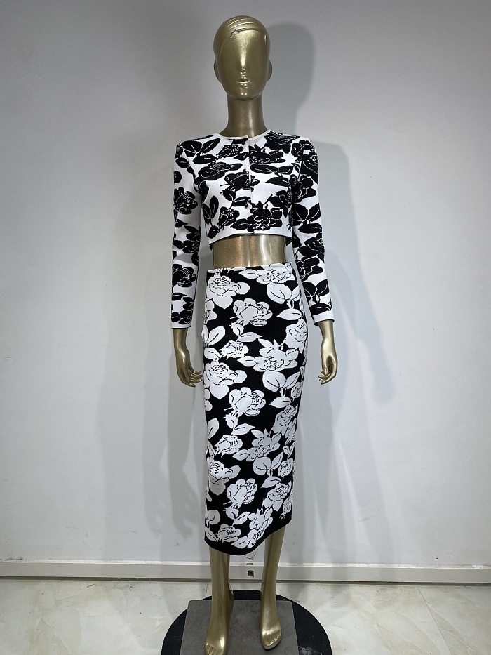SUPER WHOLESALE | Cropped Rose Printed Knit Skirt Suit