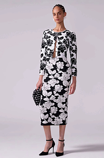 SUPER WHOLESALE | Cropped Rose Printed Knit Skirt Suit