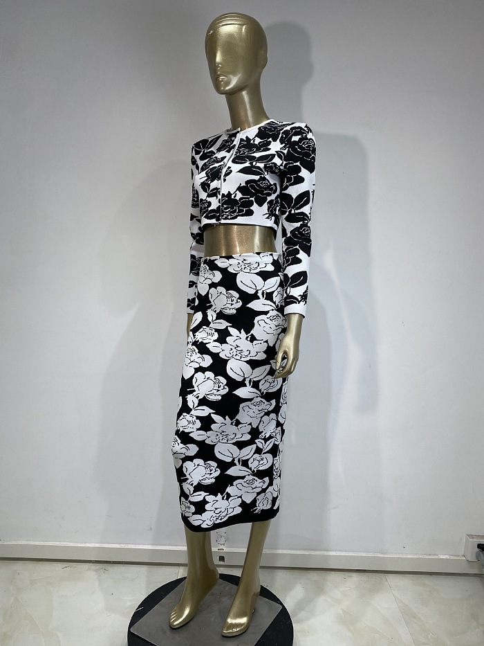 SUPER WHOLESALE | Cropped Rose Printed Knit Skirt Suit
