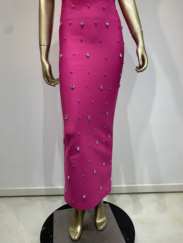 SUPER WHOLESALE | Asymmetric Fuchsia Dress with Crystal Accents