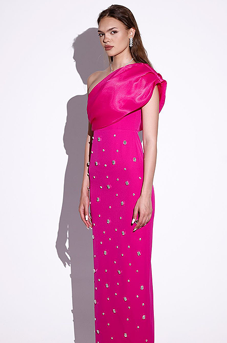 SUPER WHOLESALE | Asymmetric Fuchsia Dress with Crystal Accents