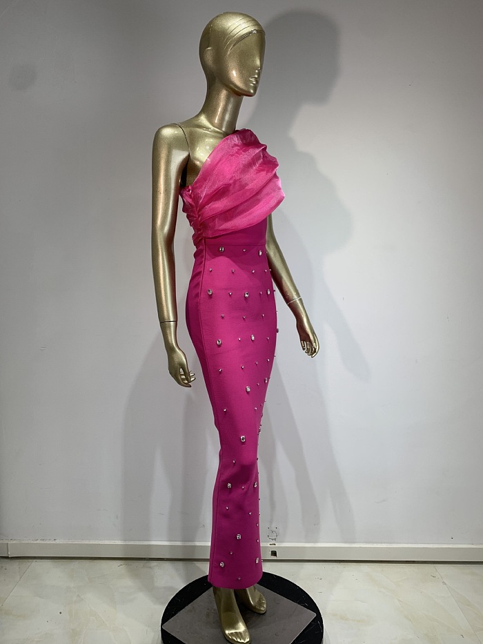 SUPER WHOLESALE | Asymmetric Fuchsia Dress with Crystal Accents