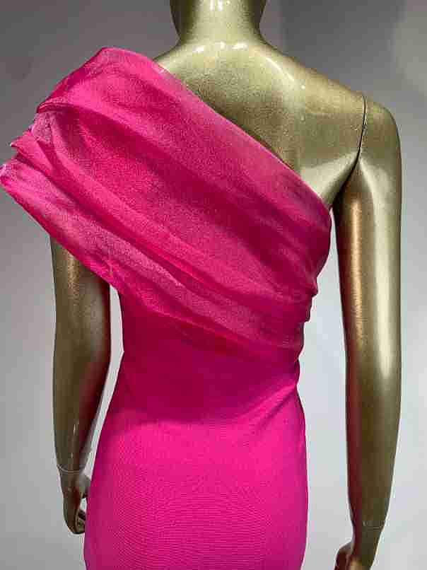 SUPER WHOLESALE | Asymmetric Fuchsia Dress with Crystal Accents