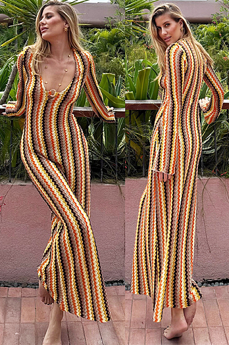 SUPER WHOLESALE | Plunging Neck Long Sleeve Long Dress
