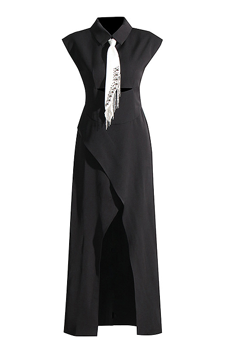SUPER WHOLESALE | Shirt Collar Long Dress with Tie
