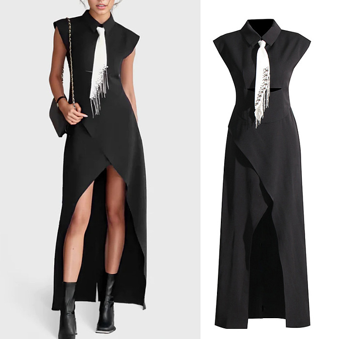 SUPER WHOLESALE | Shirt Collar Long Dress with Tie
