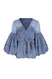 SUPER WHOLESALE | Denim Lantern Cuffs Shirt Top