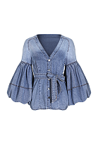 SUPER WHOLESALE | Denim Lantern Cuffs Shirt Top