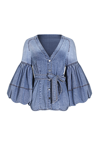 SUPER WHOLESALE | Denim Lantern Cuffs Shirt Top