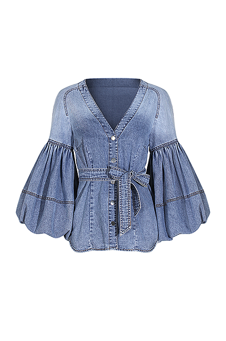SUPER WHOLESALE | Denim Lantern Cuffs Shirt Top