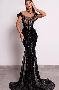 SUPER WHOLESALE |  Elegant Beaded Sequins Floor-length Evening Dress