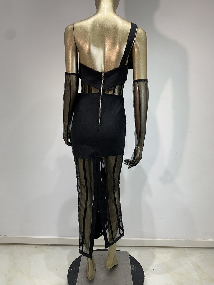 SUPER WHOLESALE |  One Shoulder See-through Evening Dress
