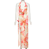 SUPER WHOLESALE |  Printed Halter Long Dress with Bra