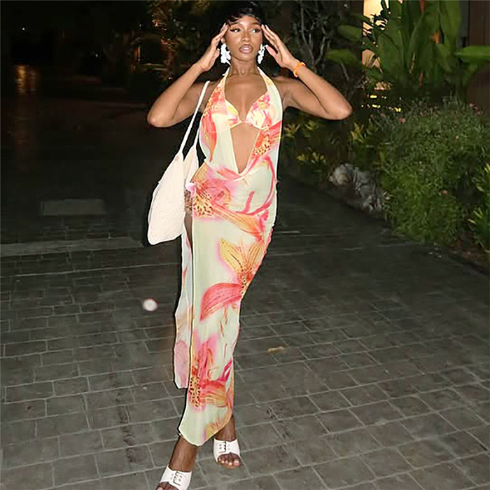 SUPER WHOLESALE |  Printed Halter Long Dress with Bra