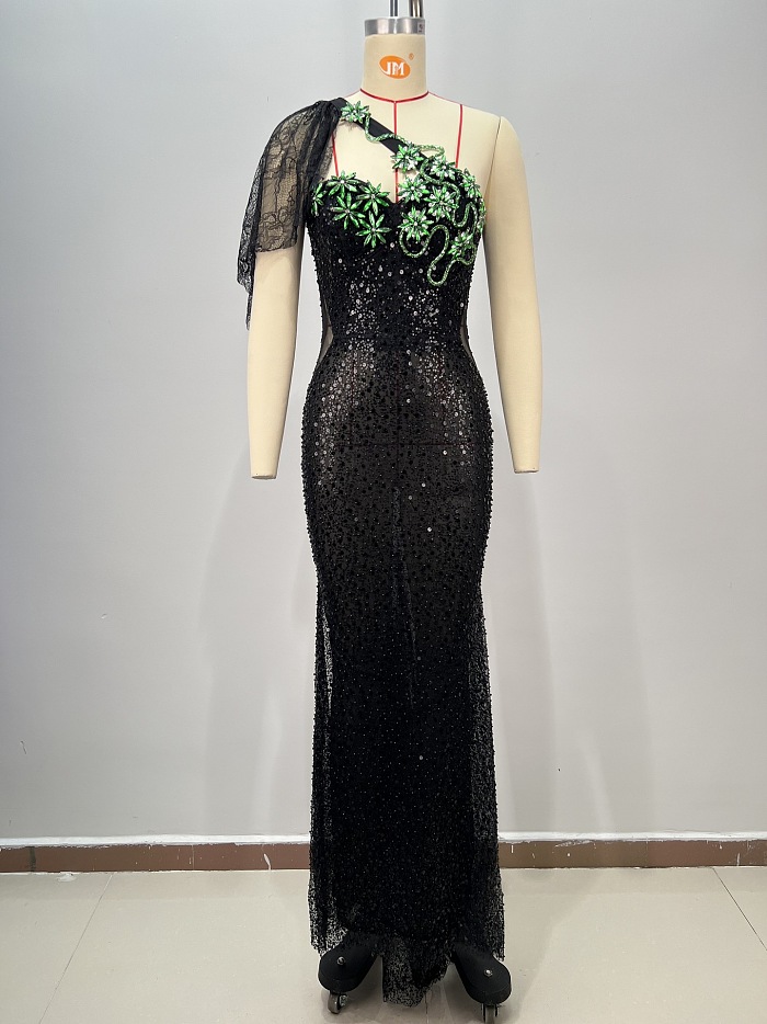 SUPER WHOLESALE | One-shoulder Sequins Evening Dress