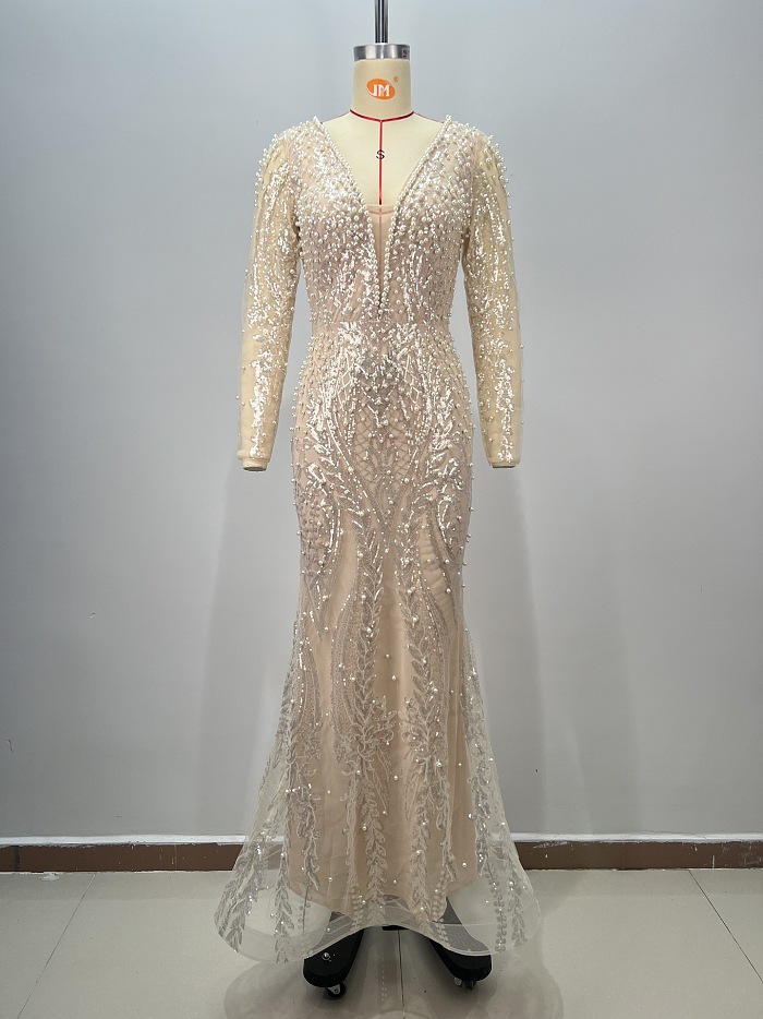 SUPER WHOLESALE | Plunging Pearl Beaded Gown