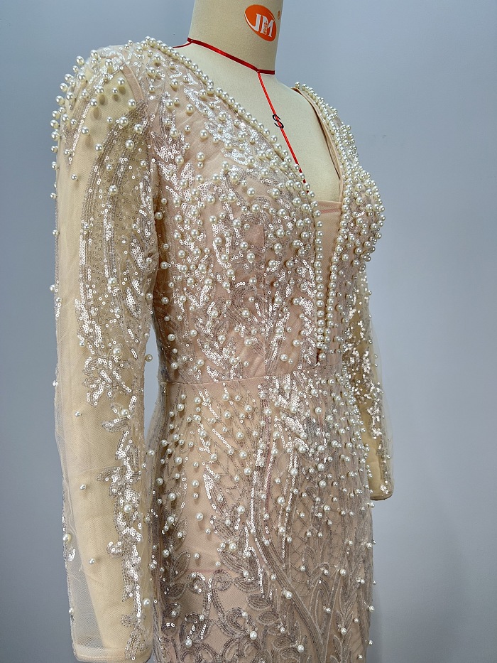 SUPER WHOLESALE | Plunging Pearl Beaded Gown