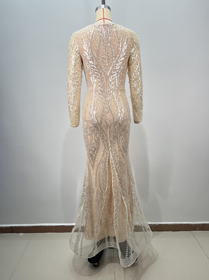 SUPER WHOLESALE | Plunging Pearl Beaded Gown