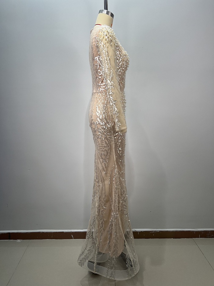 SUPER WHOLESALE | Plunging Pearl Beaded Gown