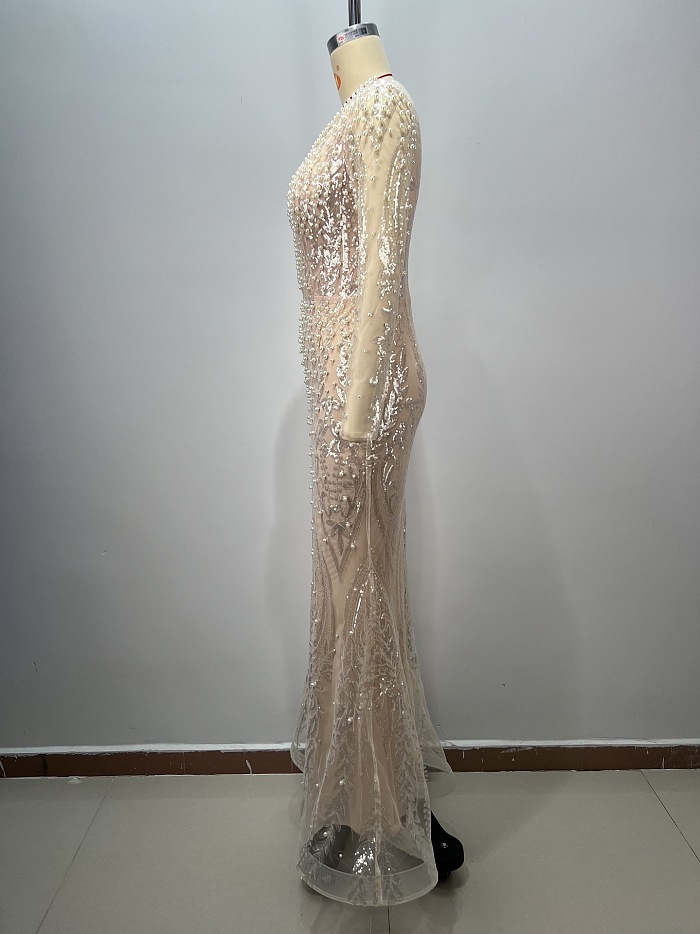 SUPER WHOLESALE | Plunging Pearl Beaded Gown
