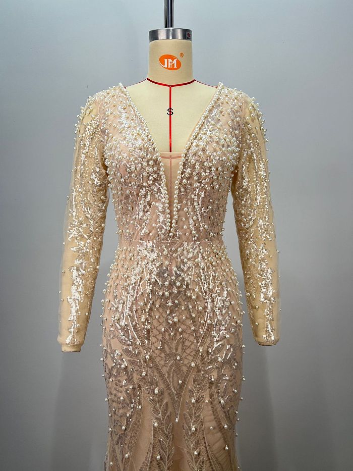 SUPER WHOLESALE | Plunging Pearl Beaded Gown