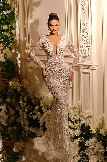 SUPER WHOLESALE | Plunging Pearl Beaded Gown