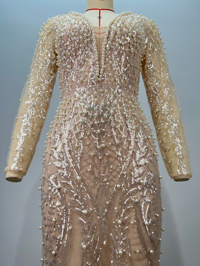 SUPER WHOLESALE | Plunging Pearl Beaded Gown