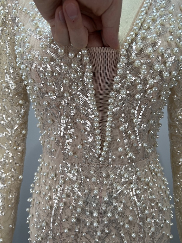 SUPER WHOLESALE | Plunging Pearl Beaded Gown