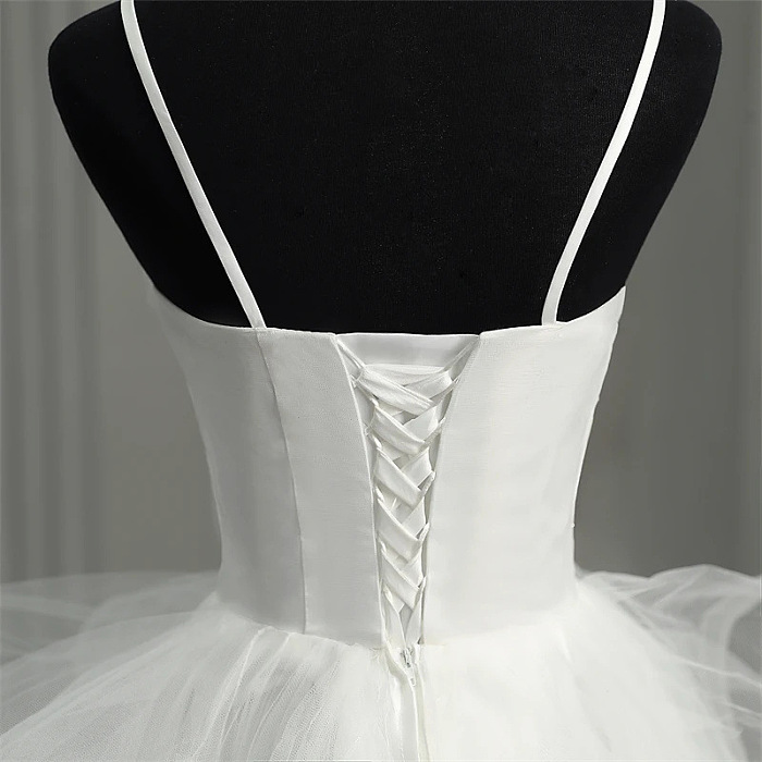 White Layered Ruffle Tulle Gown with Spaghetti Straps