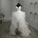 White Layered Ruffle Tulle Gown with Spaghetti Straps