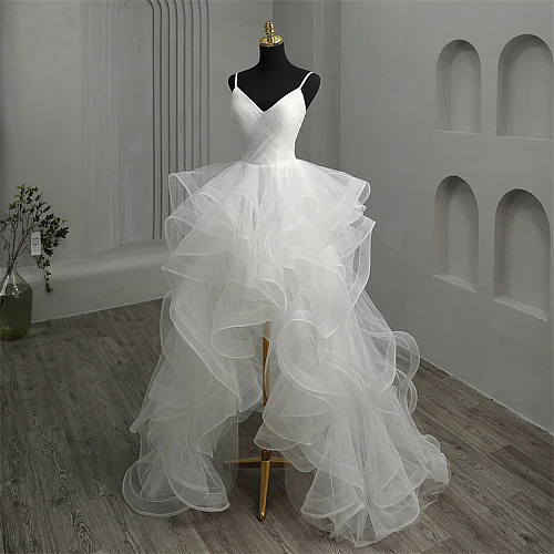 White Layered Ruffle Tulle Gown with Spaghetti Straps