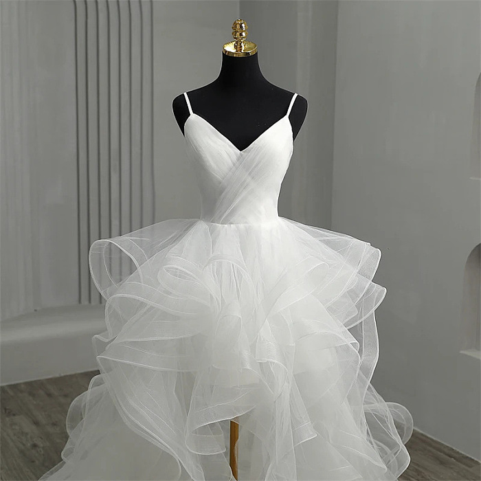 White Layered Ruffle Tulle Gown with Spaghetti Straps