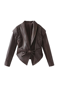 Self-tie Blazer Collar Leather Jacket Top