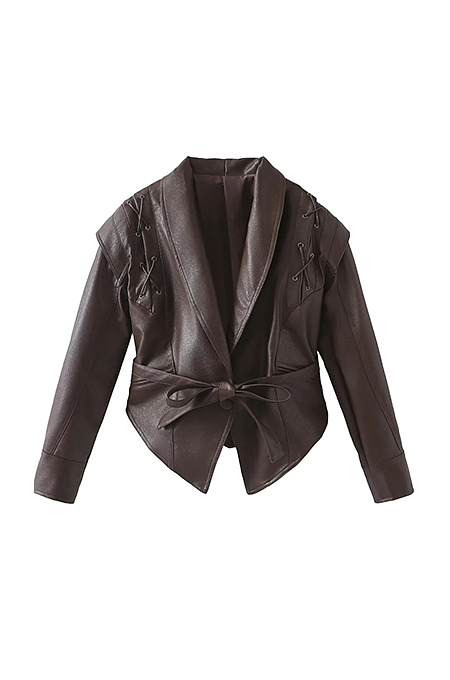 Self-tie Blazer Collar Leather Jacket Top