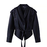 Self-tie Blazer Collar Leather Jacket Top