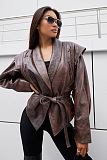 Self-tie Blazer Collar Leather Jacket Top