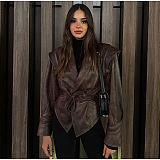 Self-tie Blazer Collar Leather Jacket Top