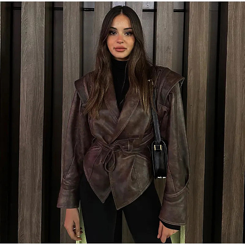 Self-tie Blazer Collar Leather Jacket Top