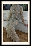 Mock Neck Beaded Evening Long Dress