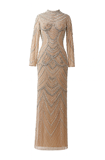 Mock Neck Beaded Evening Long Dress